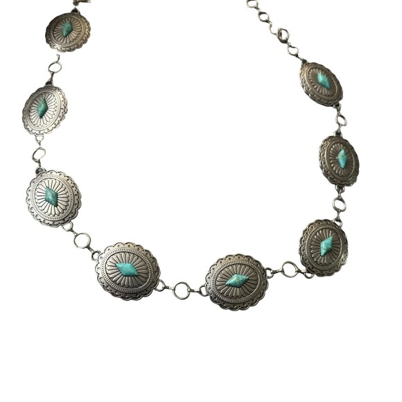 Vintage 90s Western Womens Silver Turquoise diamond Concho Chain Belt M L 39\